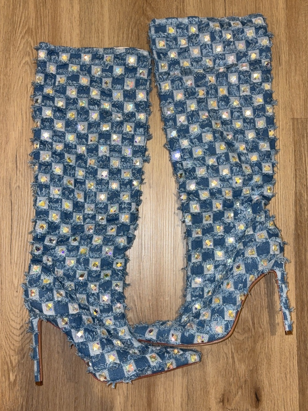Denim Patchwork Knee-High Stiletto Boots in Blue